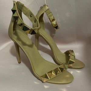 Golden Goddess: open toed ankle strap heels with zipper